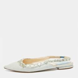 Dior Light Blue Denim Crystal Embellished Slingback Flats Size 36.5 