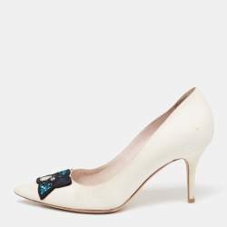 Pre Owned Dior Off-White Leather Embellished Flower and Heart Applique Pumps Size 36.5