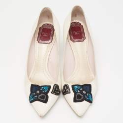 Pre Owned Dior Off-White Leather Embellished Flower and Heart Applique Pumps Size 36.5