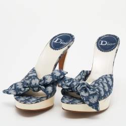 Pre Owned Dior Blue/White Oblique Canvas And Patent Leather Knotted Platform Sandals Size 38.5