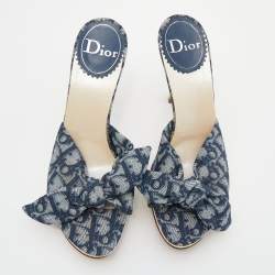 Pre Owned Dior Blue/White Oblique Canvas And Patent Leather Knotted Platform Sandals Size 38.5