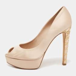 Pre Owned Dior Beige Satin Cannage Heel Peep-Toe Platform Pumps Size 39
