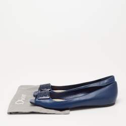 Dior Blue Leather Cannage Plaque Peep-Toe Ballet Flats Size 41.5