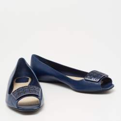 Dior Blue Leather Cannage Plaque Peep-Toe Ballet Flats Size 41.5