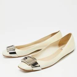 Pre Owned Dior Cream Patent Leather Metal Buckle Ballet Flats Size 41.5