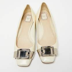 Pre Owned Dior Cream Patent Leather Metal Buckle Ballet Flats Size 41.5