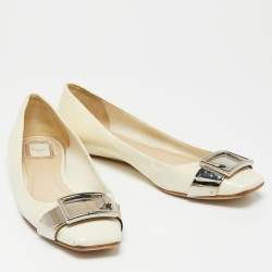 Pre Owned Dior Cream Patent Leather Metal Buckle Ballet Flats Size 41.5
