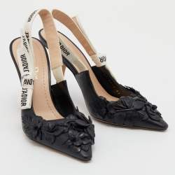 Pre Owned Dior Black Leather Applique Flowers J'Adior Pointed Toe Slingback Sandals Size 37