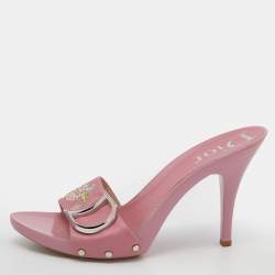 Dior Pink Leather Flower Embroidery Logo Slide Sandals Size 40