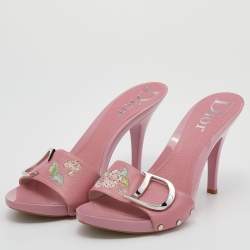 Dior Pink Leather Flower Embroidery Logo Slide Sandals Size 40