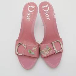 Dior Pink Leather Flower Embroidery Logo Slide Sandals Size 40
