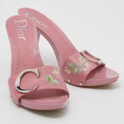 Dior Pink Leather Flower Embroidery Logo Slide Sandals Size 40