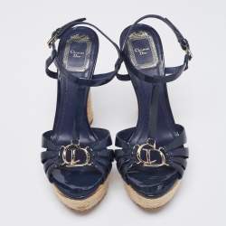 Pre Owned Dior Navy Blue Patent Leather CD2 T-Strap Espadrilles Sandals Size 37.5 