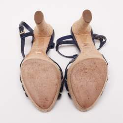Pre Owned Dior Navy Blue Patent Leather CD2 T-Strap Espadrilles Sandals Size 37.5 