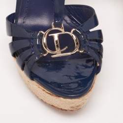 Pre Owned Dior Navy Blue Patent Leather CD2 T-Strap Espadrilles Sandals Size 37.5 