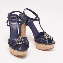 Pre Owned Dior Navy Blue Patent Leather CD2 T-Strap Espadrilles Sandals Size 37.5 
