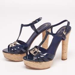 Pre Owned Dior Navy Blue Patent Leather CD2 T-Strap Espadrilles Sandals Size 37.5 