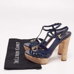 Pre Owned Dior Navy Blue Patent Leather CD2 T-Strap Espadrilles Sandals Size 37.5 