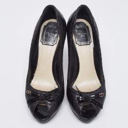 Pre Owned Dior Black Cannage Leather Bow Peep-Toe Pumps Size 37 