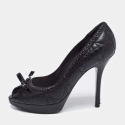 Pre Owned Dior Black Cannage Leather Bow Peep-Toe Pumps Size 37 