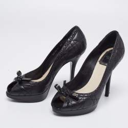 Pre Owned Dior Black Cannage Leather Bow Peep-Toe Pumps Size 37 