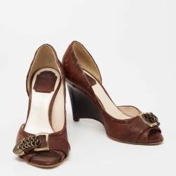 Dior Brown Leather Diorissimo Chain Detail Peep-Toe Wedge Pumps Size 37