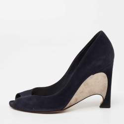 Dior Navy Blue Suede Peep Toe Optique Wedge Pumps Size 36.5