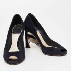 Dior Navy Blue Suede Peep Toe Optique Wedge Pumps Size 36.5