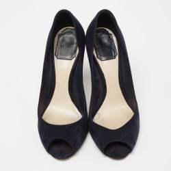 Dior Navy Blue Suede Peep Toe Optique Wedge Pumps Size 36.5