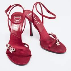 Pre Owned Dior Burgundy Satin Safety Pin Crystal Embellished Sandals Size 38