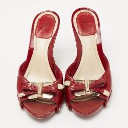 Dior Dark Red Patent Leather Bow Detail Slide Sandals Size 37