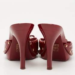 Dior Dark Red Patent Leather Bow Detail Slide Sandals Size 37