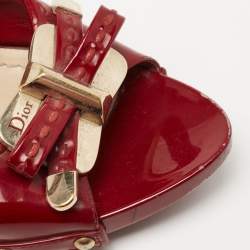 Dior Dark Red Patent Leather Bow Detail Slide Sandals Size 37