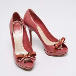 Dior Pink/Orange Patent Leather Bow Detail Peep Toe Platform Pumps Size 38