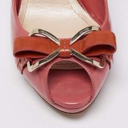 Dior Pink/Orange Patent Leather Bow Detail Peep Toe Platform Pumps Size 38