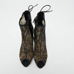 Pre Owned Dior Black Lace And Satin Mock Lace Up Peep Toe Ankle Booties Size 39