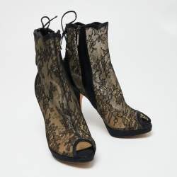 Pre Owned Dior Black Lace And Satin Mock Lace Up Peep Toe Ankle Booties Size 39