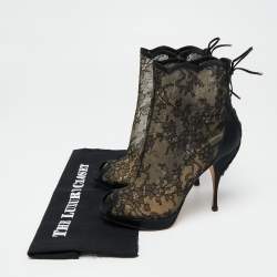 Pre Owned Dior Black Lace And Satin Mock Lace Up Peep Toe Ankle Booties Size 39