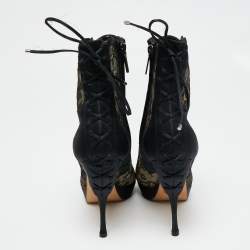 Pre Owned Dior Black Lace And Satin Mock Lace Up Peep Toe Ankle Booties Size 39