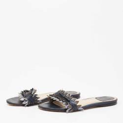مملوكة مسبقًا Dior Metallic Blue Leather Cut Out Flat Slide Sandals Size 36