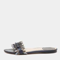 مملوكة مسبقًا Dior Metallic Blue Leather Cut Out Flat Slide Sandals Size 36