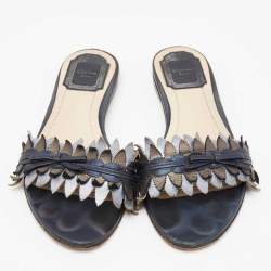 مملوكة مسبقًا Dior Metallic Blue Leather Cut Out Flat Slide Sandals Size 36