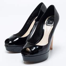 Pre Owned Dior Black Patent Leather Peep-Toe Platform Pumps Size 38