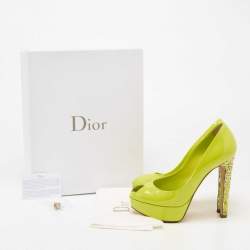 Pre Owned Dior Green Patent Leather Peep Toe Cannage Heel Platform Pumps Size 36