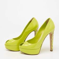 Pre Owned Dior Green Patent Leather Peep Toe Cannage Heel Platform Pumps Size 36