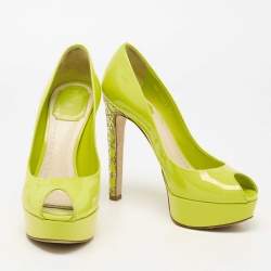 Pre Owned Dior Green Patent Leather Peep Toe Cannage Heel Platform Pumps Size 36