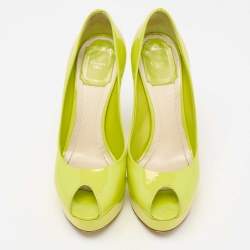 Pre Owned Dior Green Patent Leather Peep Toe Cannage Heel Platform Pumps Size 36