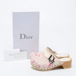 Dior Pink/White Diorissimo Canvas And Patent Leather Trim Clog Mules Size 37