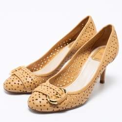 Pre Owned Dior Beige Laser Cut Leather Buckle Pumps Sie 37.5