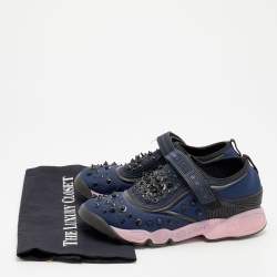 Pre Owned Dior Blue Neoprene and Mesh Fusion Crystal Embellished Slip On Sneakers Size 37